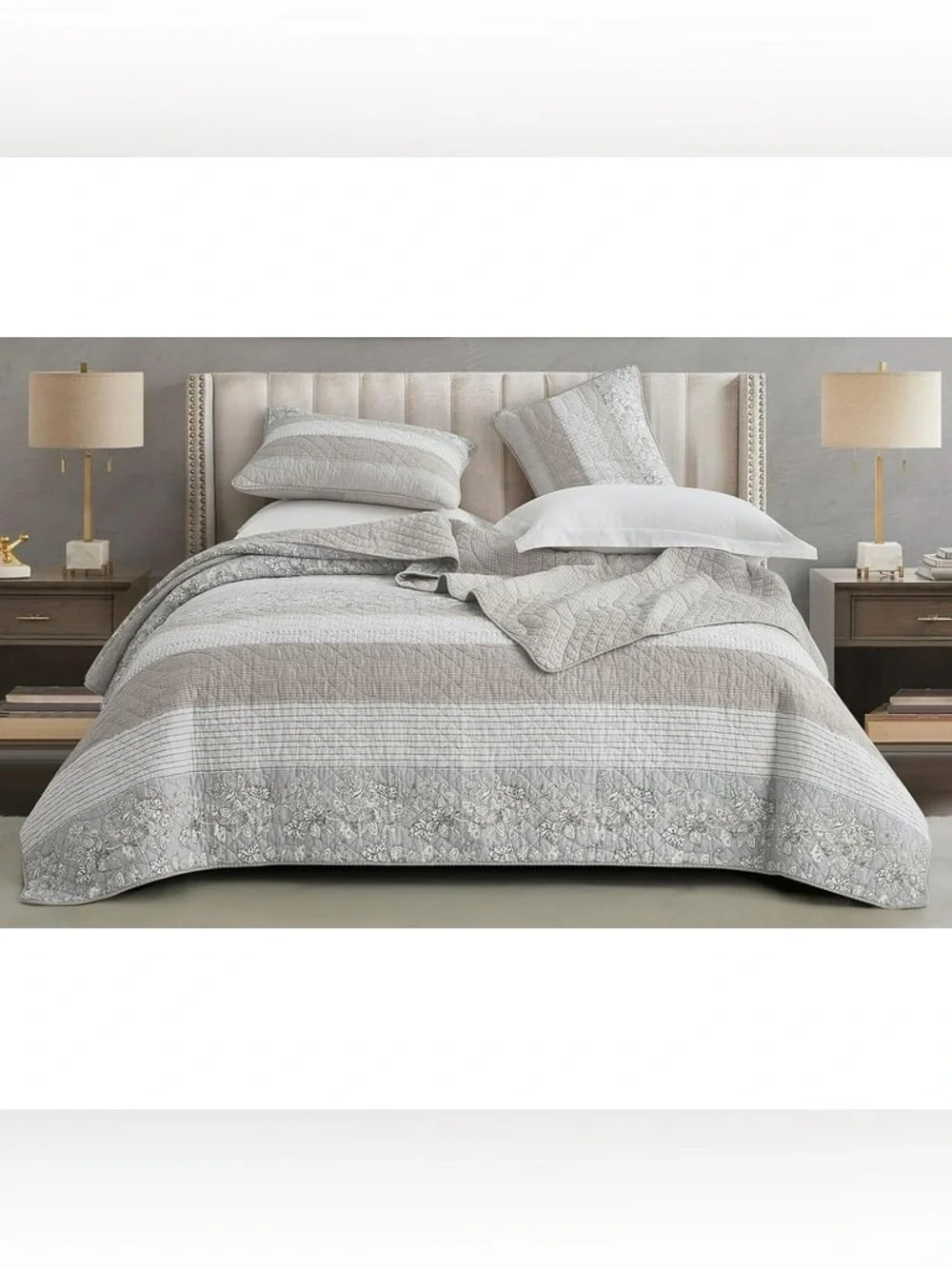 Gray Quilted Stripe oversized king Bedspread Set 100% cotton